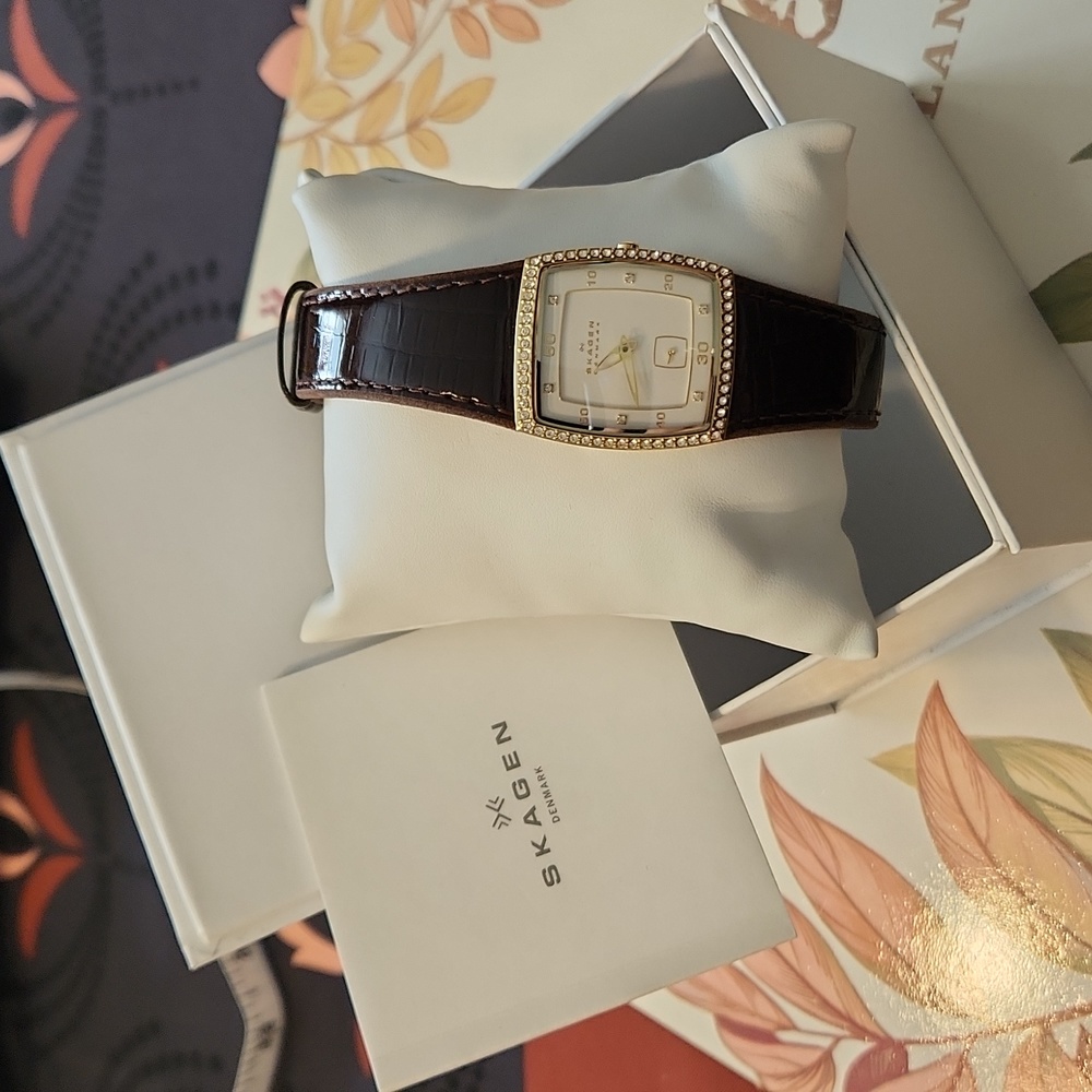 Skagen Goldtone Asymmetrical Tank Watch, New, Choc Brown Leather Strap w/ Case